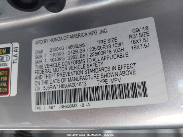 5J6RW1H89JA001613 Honda Cr-v Ex-l/ex-l Navi