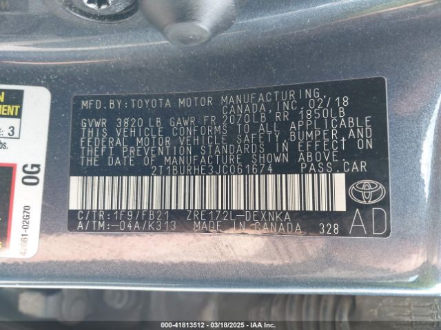 2T1BURHE3JC061674 Toyota COROLLA LE