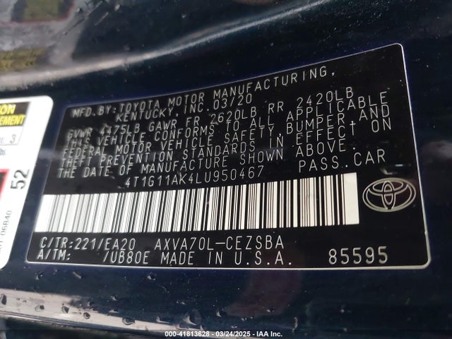 4T1G11AK4LU950467 Toyota CAMRY SE