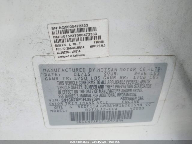 3N1CN7AP1FL897394 Nissan Versa 1.6 S+