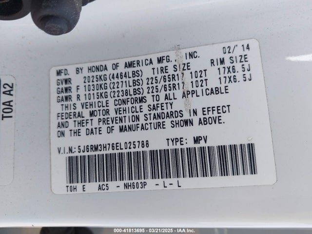 5J6RM3H76EL025788 Honda Cr-v Ex-l