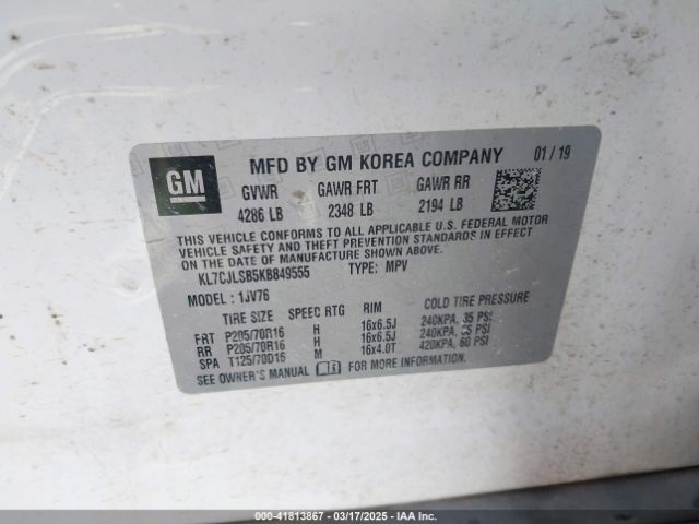 KL7CJLSB5KB849555 Chevrolet Trax Lt
