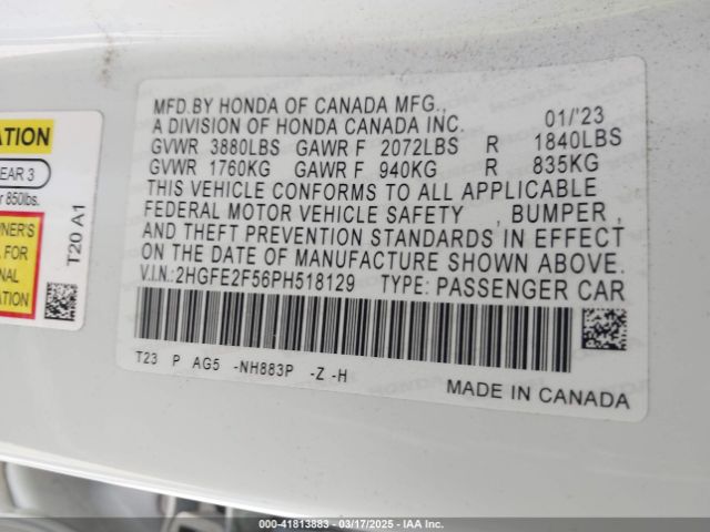 2HGFE2F56PH518129 Honda Civic Sport