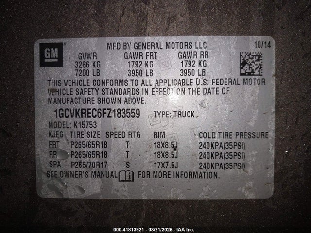 1GCVKREC6FZ183559 Chevrolet Silverado 1500 1lt