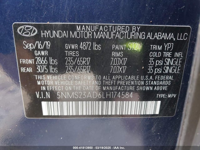 5NMS23AD6LH174584 Hyundai Santa Fe Se