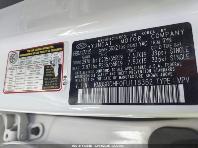 KM8SRDHF0FU118352 Hyundai Santa Fe Gls
