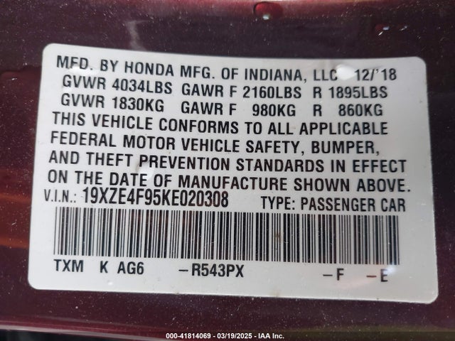 19XZE4F95KE020308 Honda Insight Touring