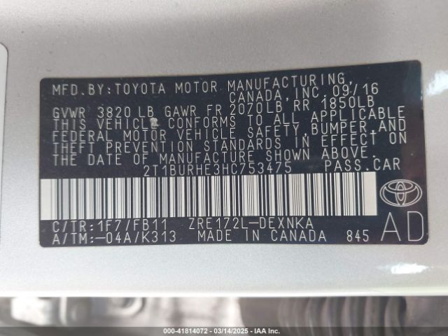 2T1BURHE3HC753475 Toyota COROLLA LE