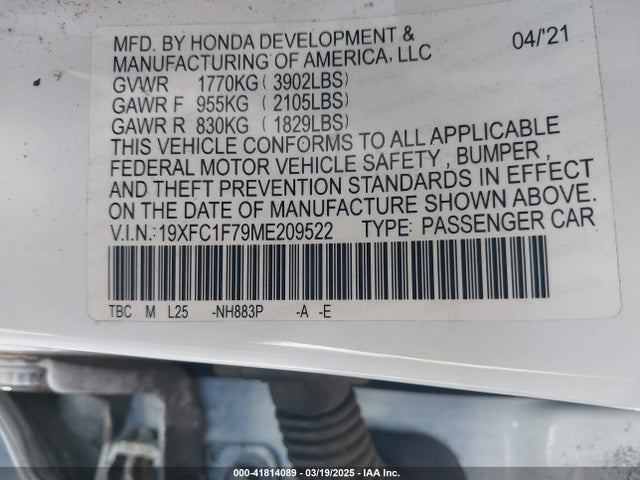 19XFC1F79ME209522 Honda Civic Ex-l