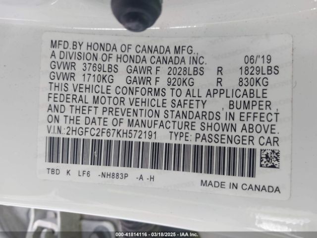 2HGFC2F67KH572191 Honda Civic Lx