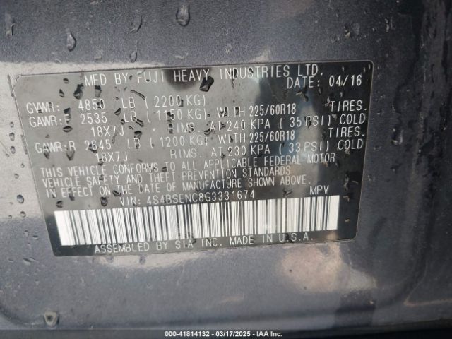 4S4BSENC8G3331674 Subaru Outback 3.6r Limited