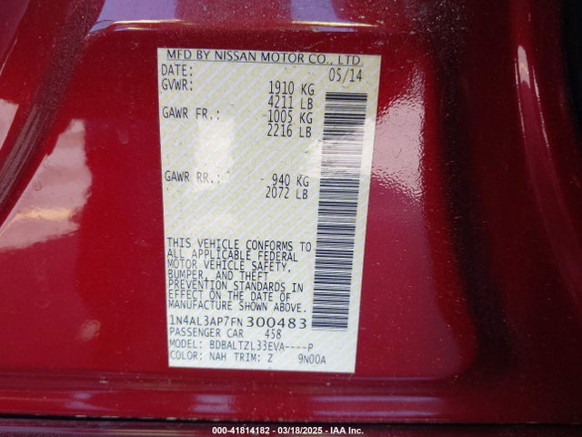 1N4AL3AP7FN300483 Nissan Altima 2.5 Sl