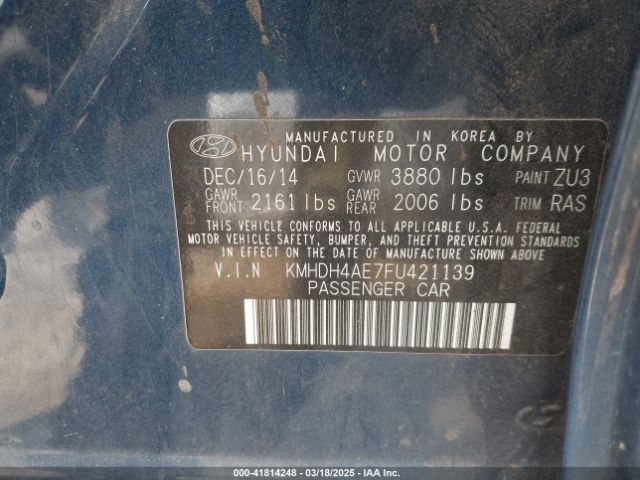 KMHDH4AE7FU421139 Hyundai ELANTRA SE