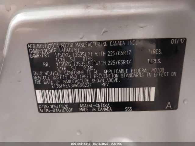 2T3BFREV3HW596227 Toyota RAV4 LE