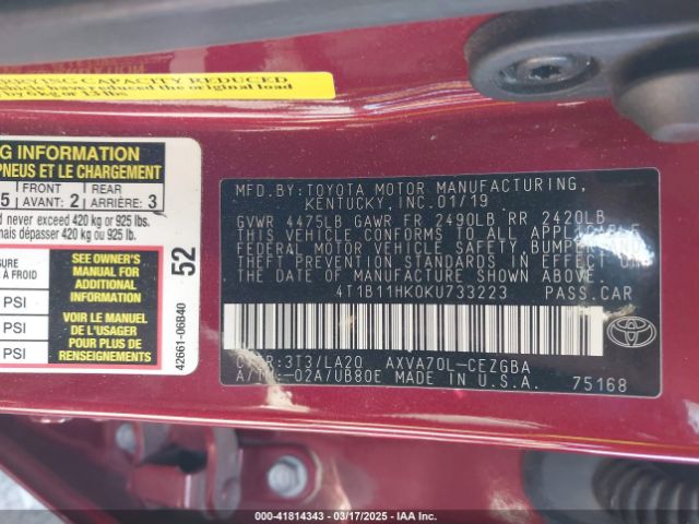 4T1B11HK0KU733223 Toyota CAMRY XLE