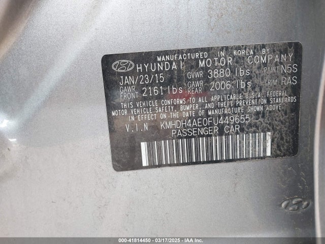 KMHDH4AE0FU449655 Hyundai ELANTRA SE