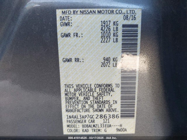 1N4AL3AP7GC286386 Nissan Altima 2.5 Sv