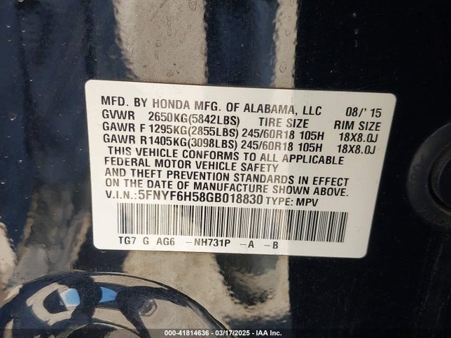 5FNYF6H58GB018830 Honda Pilot Ex-l