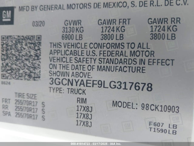 3GCNYAEF9LG317678 Chevrolet Silverado 1500 4wd  Long Bed Wt