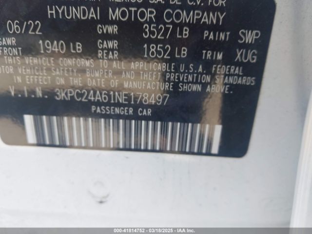 3KPC24A61NE178497 Hyundai Accent Sel