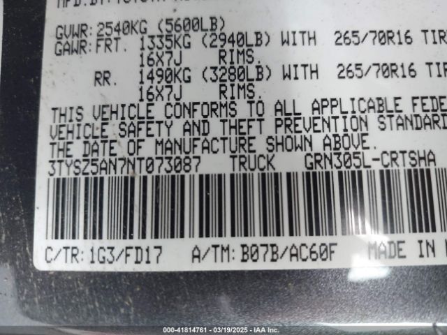 3TYSZ5AN7NT073087 Toyota Tacoma Trd Off Road