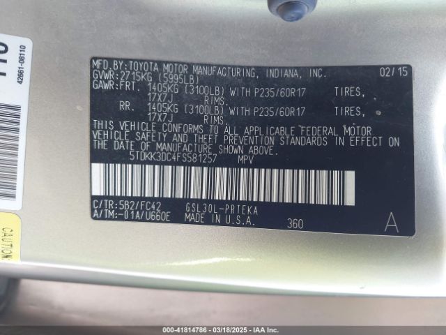 5TDKK3DC4FS581257 Toyota Sienna Le 8 Passenger