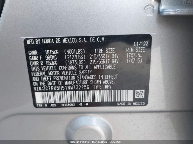 3CZRU5H51NM732256 Honda Hr-v 2wd Ex