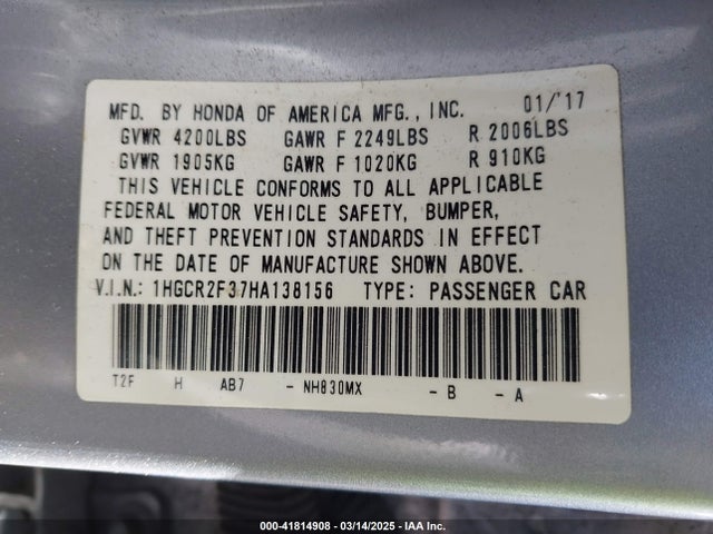 1HGCR2F37HA138156 Honda ACCORD LX