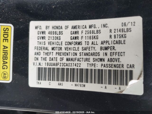 2012 ACURA TL 19UUA8F23CA037422 Photo 8