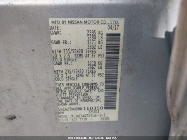 5N1AZ2MH2HN160350 Nissan Murano Platinum