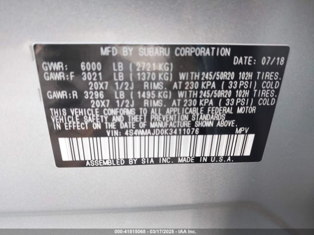 4S4WMAJD0K3411076 Subaru Ascent Limited