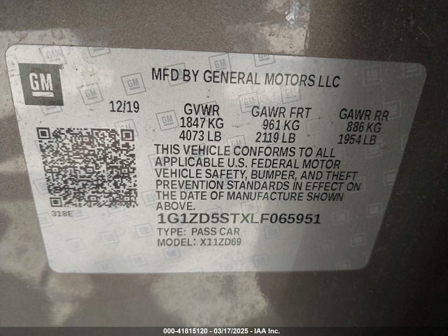 1G1ZD5STXLF065951 Chevrolet Malibu Fwd Lt