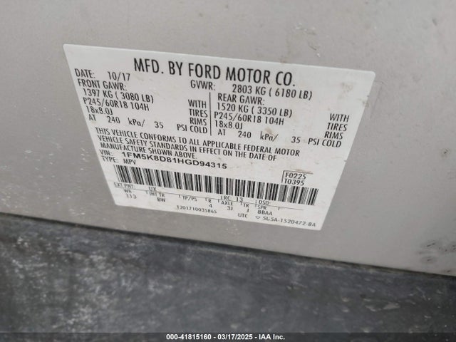 1FM5K8D81HGD94315 Ford EXPLORER XLT