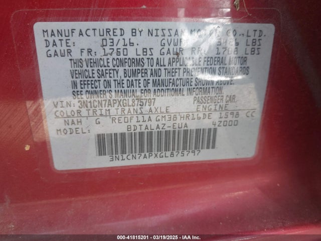 3N1CN7APXGL875797 Nissan Versa 1.6 S+