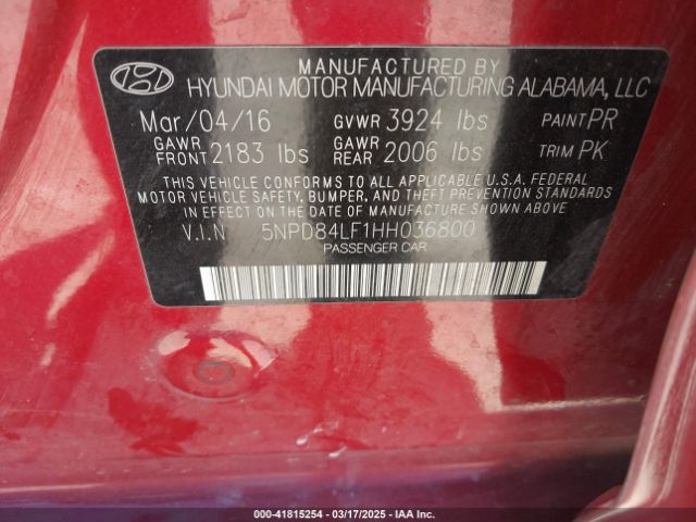 5NPD84LF1HH036800 Hyundai ELANTRA SE