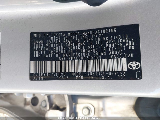 5YFEPMAE0NP295181 Toyota COROLLA LE
