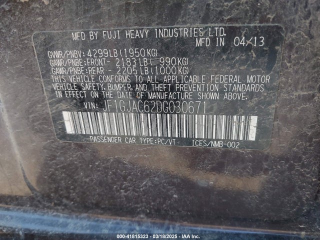 Aukcja sprzedaży 2013 Subaru Impreza 2.0i Premium, vin: JF1GJAC62DG030671, numer aukcji: 41815323