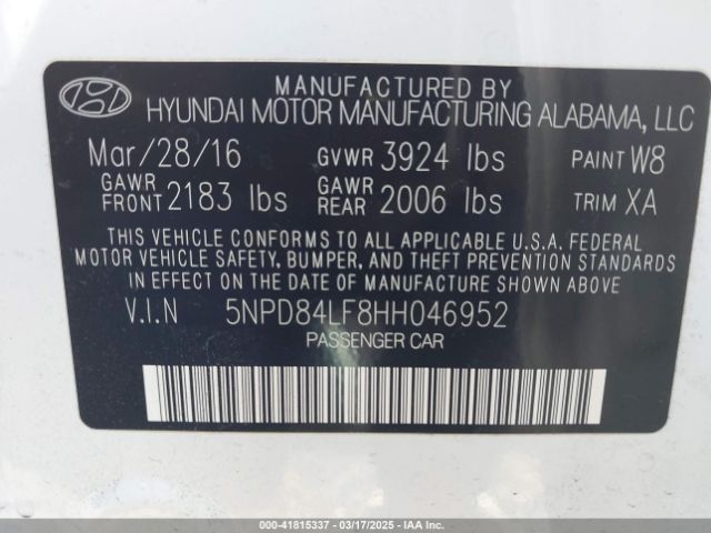 5NPD84LF8HH046952 Hyundai ELANTRA SE
