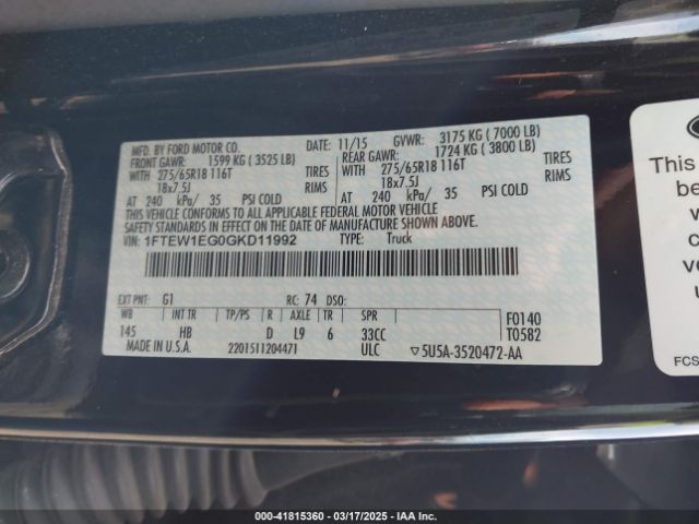 1FTEW1EG0GKD11992 Ford F-150 Lariat