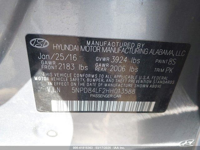 5NPD84LF2HH013588 Hyundai ELANTRA SE