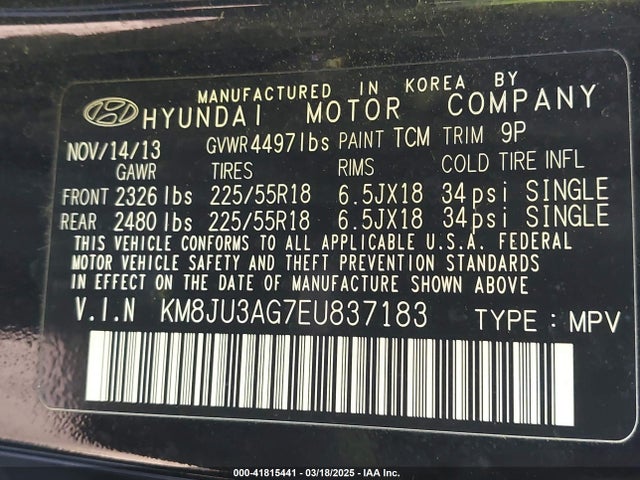 KM8JU3AG7EU837183 Hyundai Tucson Limited