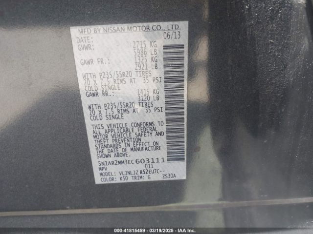 5N1AR2MM3EC603111 Nissan Pathfinder Platinum