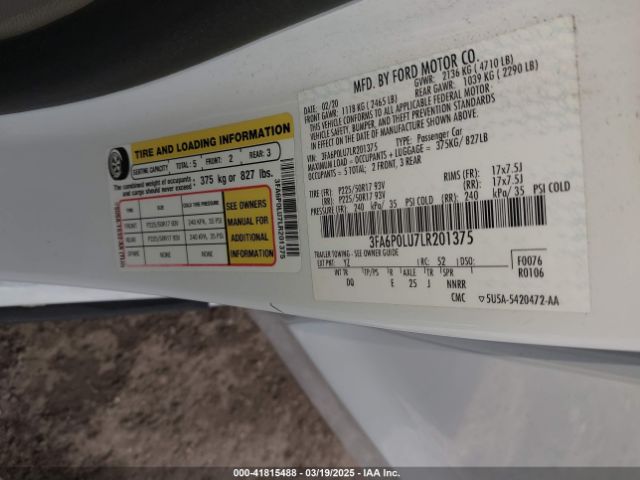 3FA6P0LU7LR201375 Ford Fusion Hybrid Se