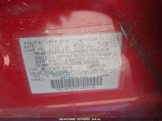 3N1CN7AP9FL804136 Nissan Versa 1.6 S+