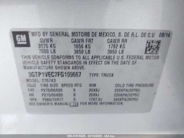 3GTP1VEC7FG109667 GMC Sierra 1500 Slt