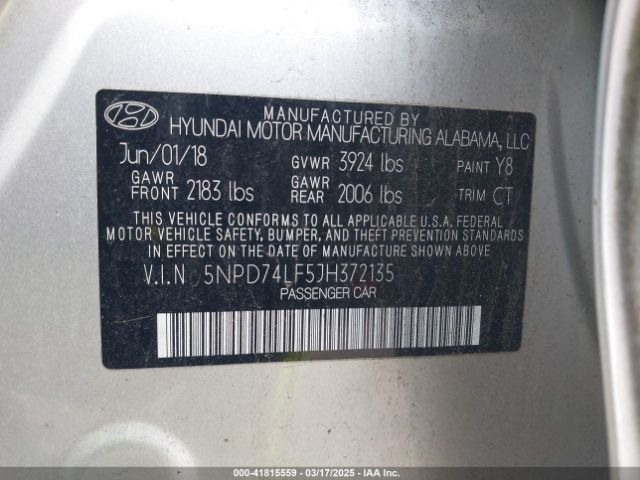 5NPD74LF5JH372135 Hyundai ELANTRA SE