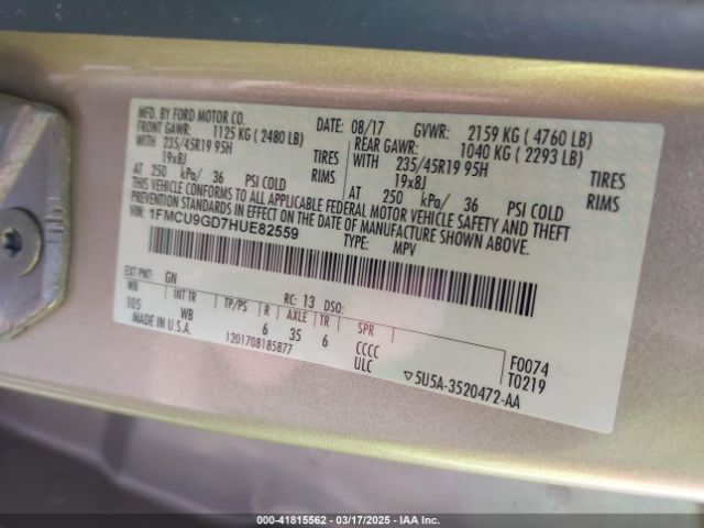 1FMCU9GD7HUE82559 Ford ESCAPE SE