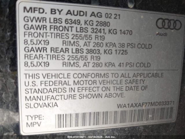 WA1AXAF77MD033371 Audi Q7 Premium 55 Tfsi Quattro Tiptronic