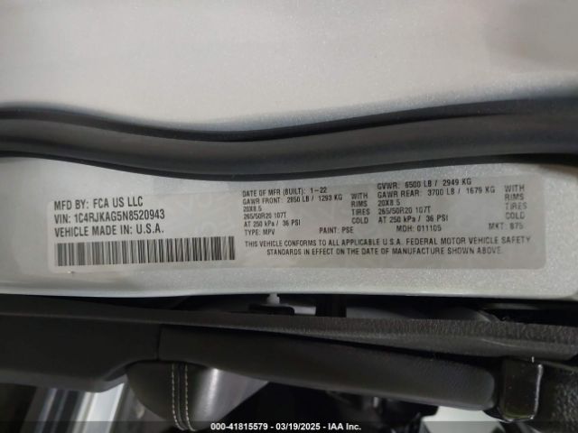 1C4RJKAG5N8520943 Jeep Grand Cherokee L Altitude 4x4