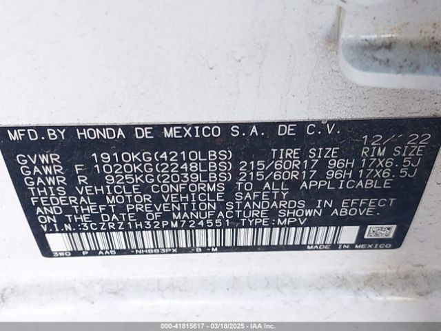 3CZRZ1H32PM724551 Honda Hr-v 2wd Lx